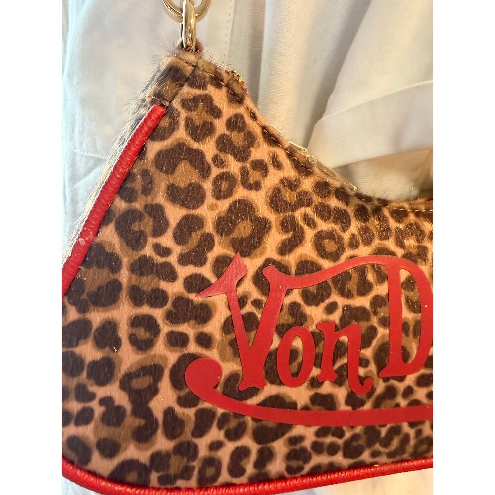 Von Dutch Leopard Print Haircalf Shoulder Bag Y2K Red Trim Baguette Purse NWOT - Picture 3 of 3
